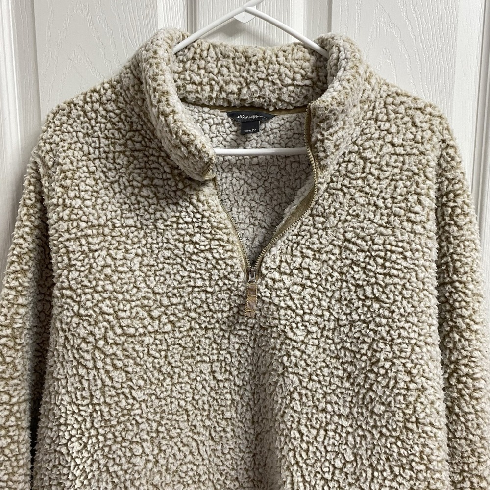 Eddie Bauer Women Sherpa Fuzzy Fluffy Fleece 1/4 Zip Beige Pullover Jacket Sz.M
